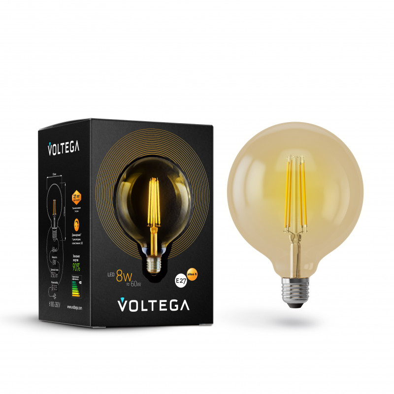Лампа светодиодная филаментная диммируемая Voltega E27 8W 2800К шар золотой VG10-G125Gwarm8W 6838