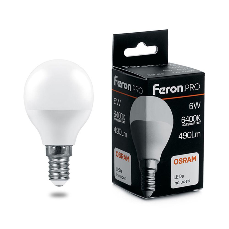 Лампа светодиодная Feron Pro E27 6W 6400K шар матовый LB-1406 38067