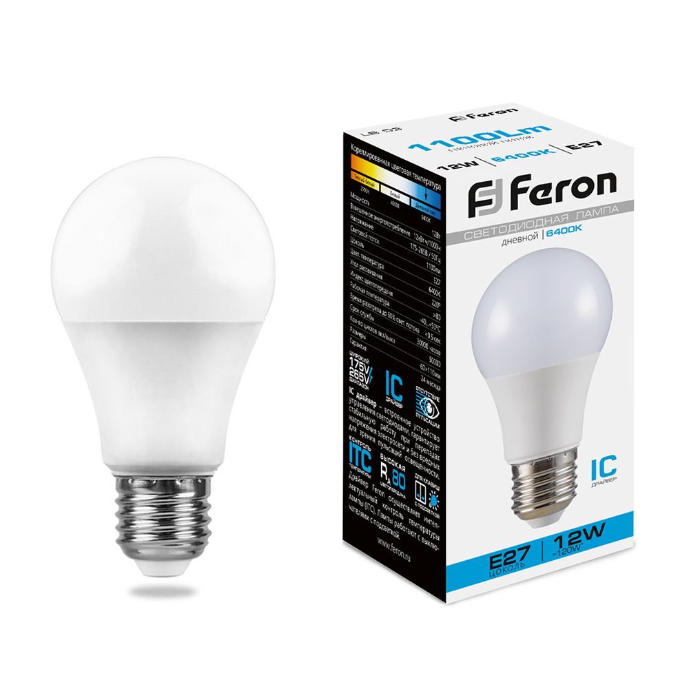 Лампа светодиодная Feron E27 12W 6400K Шар Матовая LB-93 25490