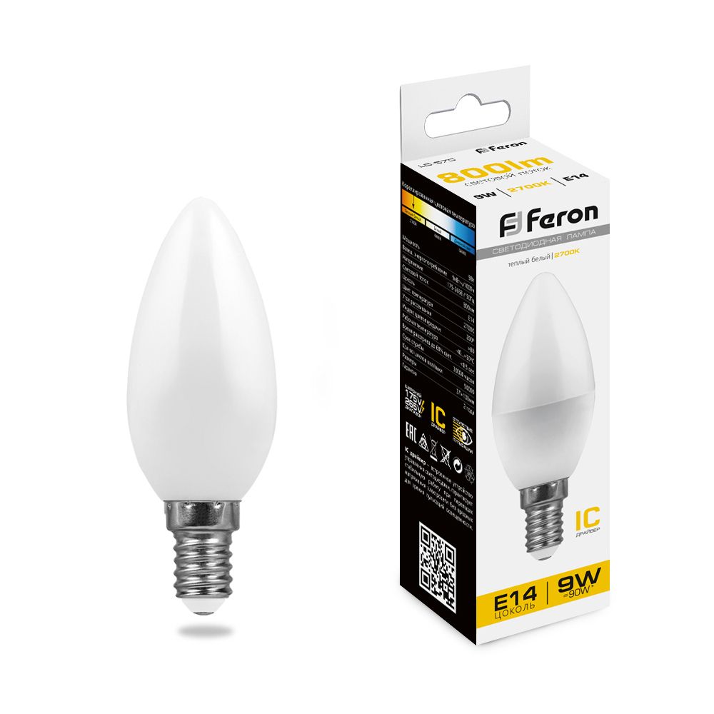 Лампа светодиодная Feron E14 9W 2700K Свеча Матовая LB-570 25798