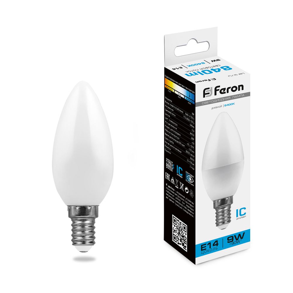 Лампа светодиодная Feron E14 9W 6400K Свеча Матовая LB-570 25800