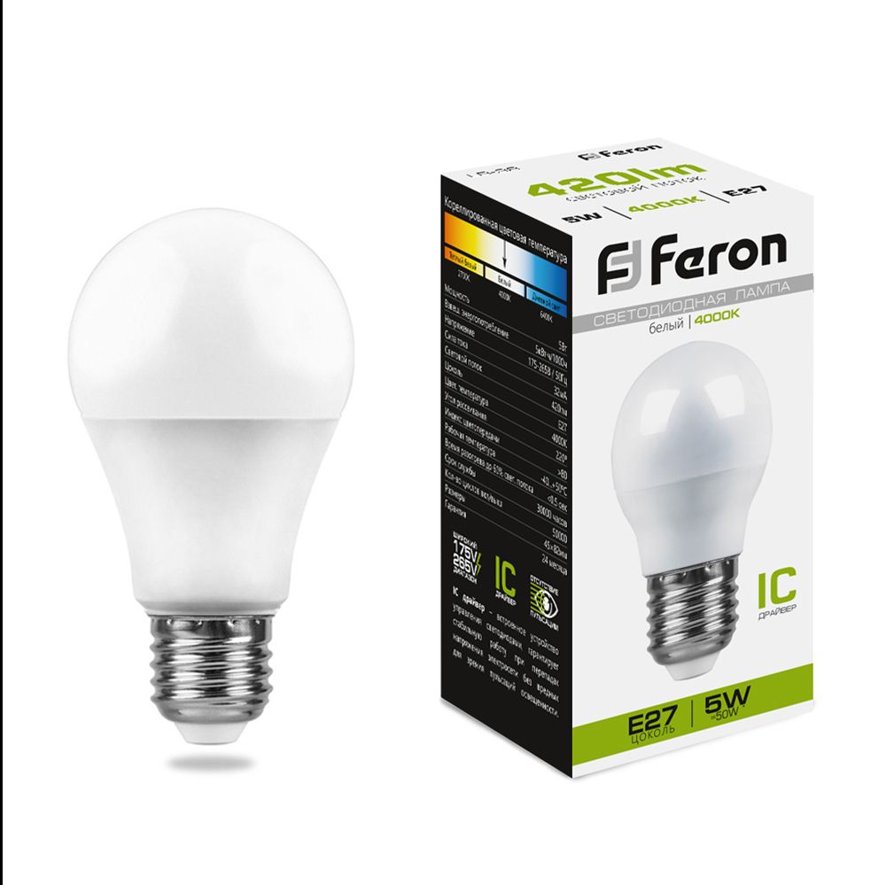 Лампа светодиодная Feron E27 5W 4000K Шар Матовая LB-38 25405