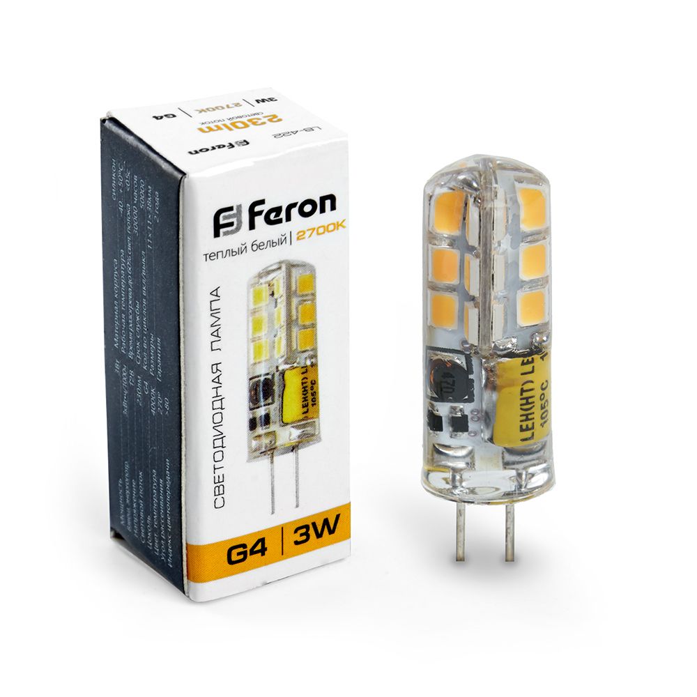 Лампа светодиодная Feron G4 3W 2700K Прямосторонняя Матовая LB-422 25531
